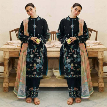 3- Piece Embroidered Dhanak Dress with Wool Shawl