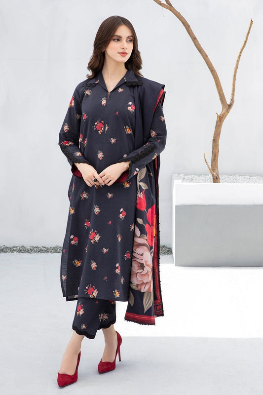 3- Piece Embroidered Khaddar Dress with Wool Shawl