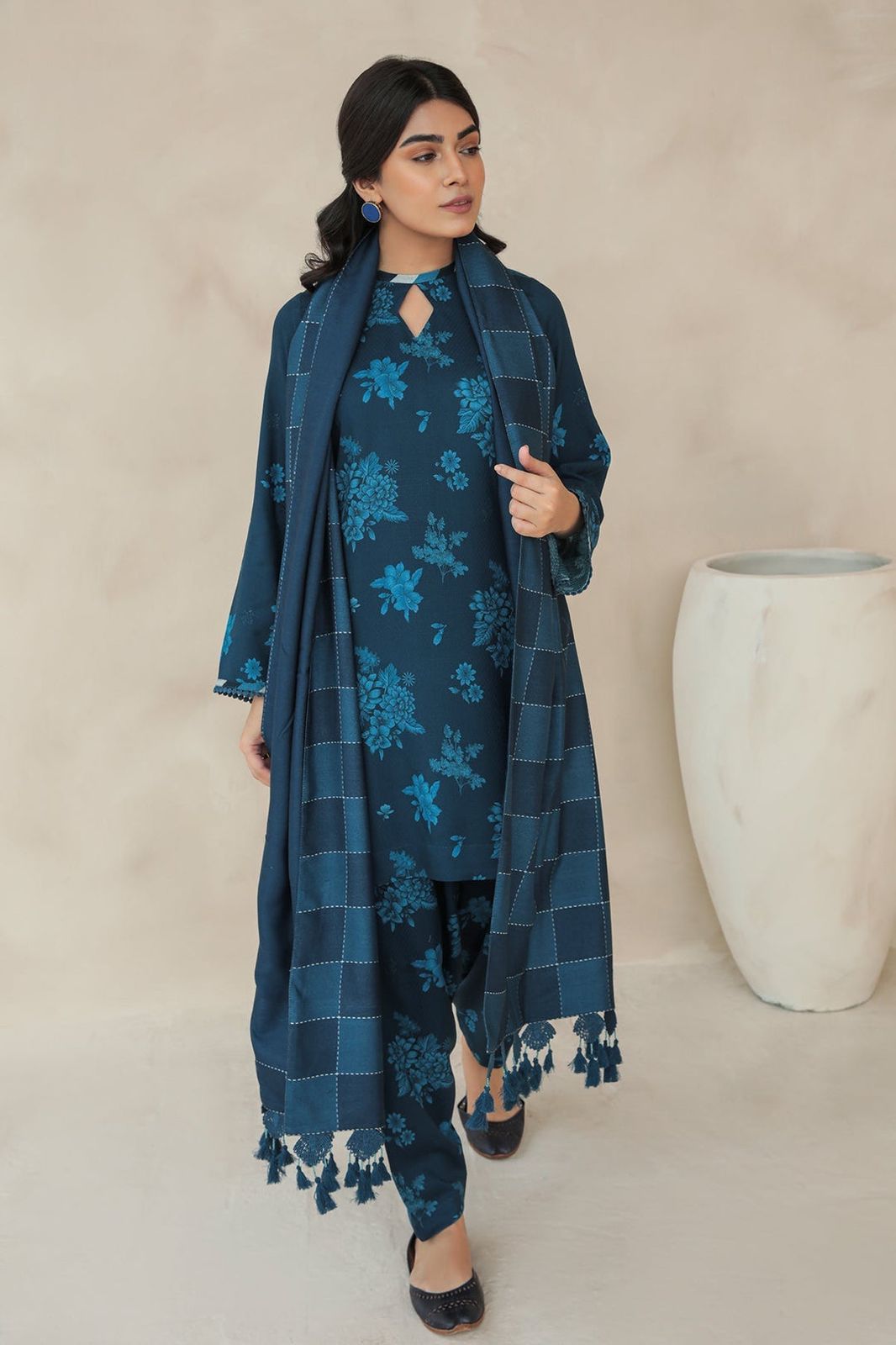 3- Piece Embroidered Khaddar Dress with Wool Shawl