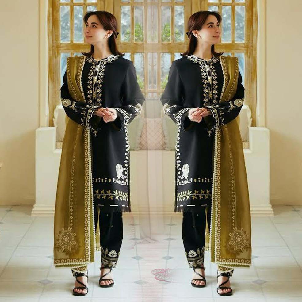 3- Piece Embroidered Dhanak Dress with Wool Shawl
