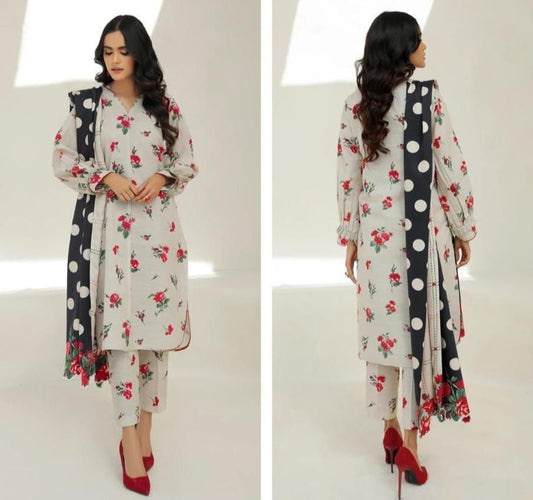 3- Piece Embroidered Khaddar Dress with Wool Shawl