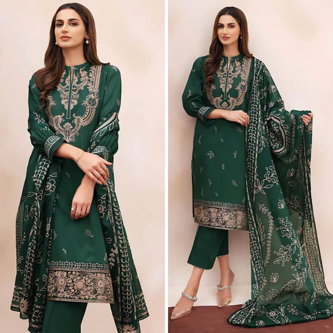 3- Piece Embroidered Dhanak Dress with Wool Shawl