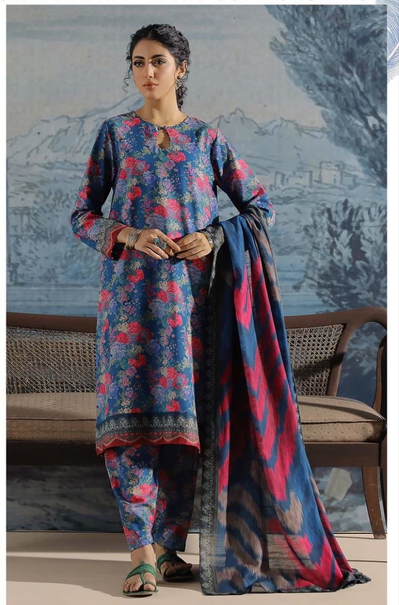 3- Piece Embroidered Khaddar Dress with Wool Shawl