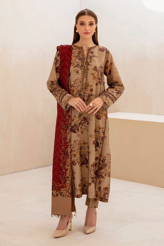 3- Piece Embroidered Khaddar Dress with Wool Shawl