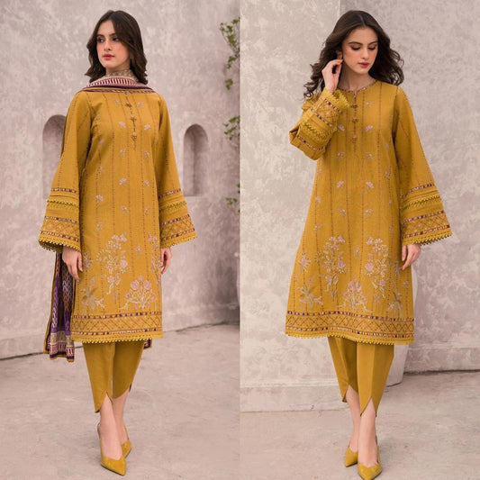 3- Piece Embroidered Dhanak Dress with Wool Shawl