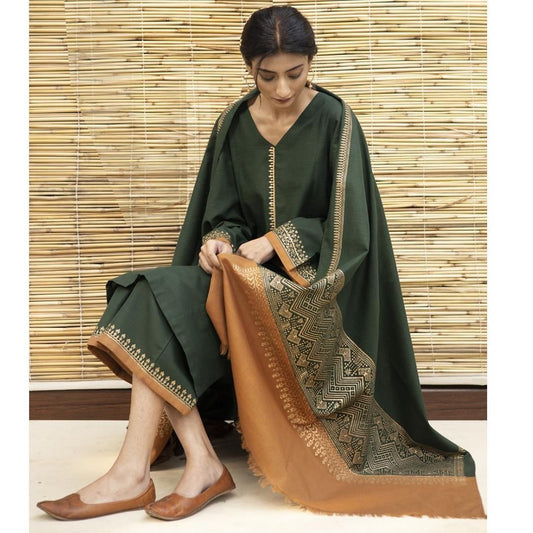 3- Piece Embroidered Dhanak Dress with Wool Shawl