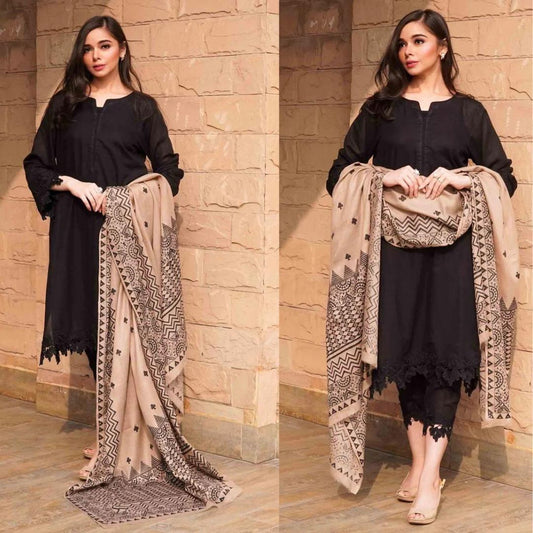 3- Piece Embroidered Dhanak Dress with Wool Shawl