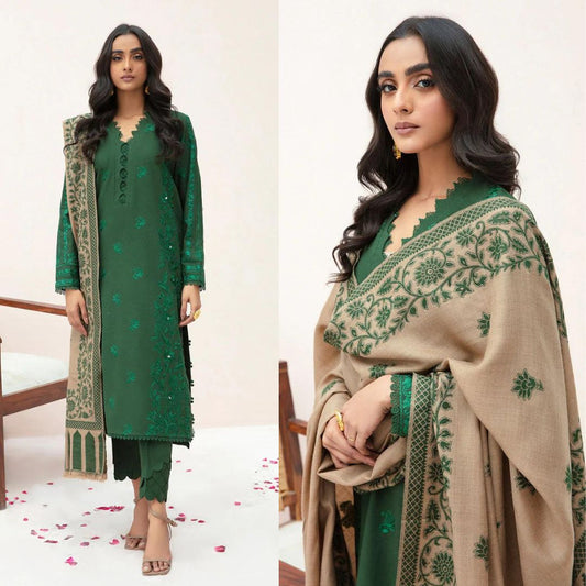 3- Piece Embroidered Dhanak Dress with Wool Shawl