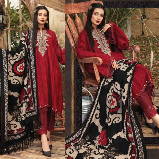 3- Piece Embroidered Dhanak Dress with Wool Shawl