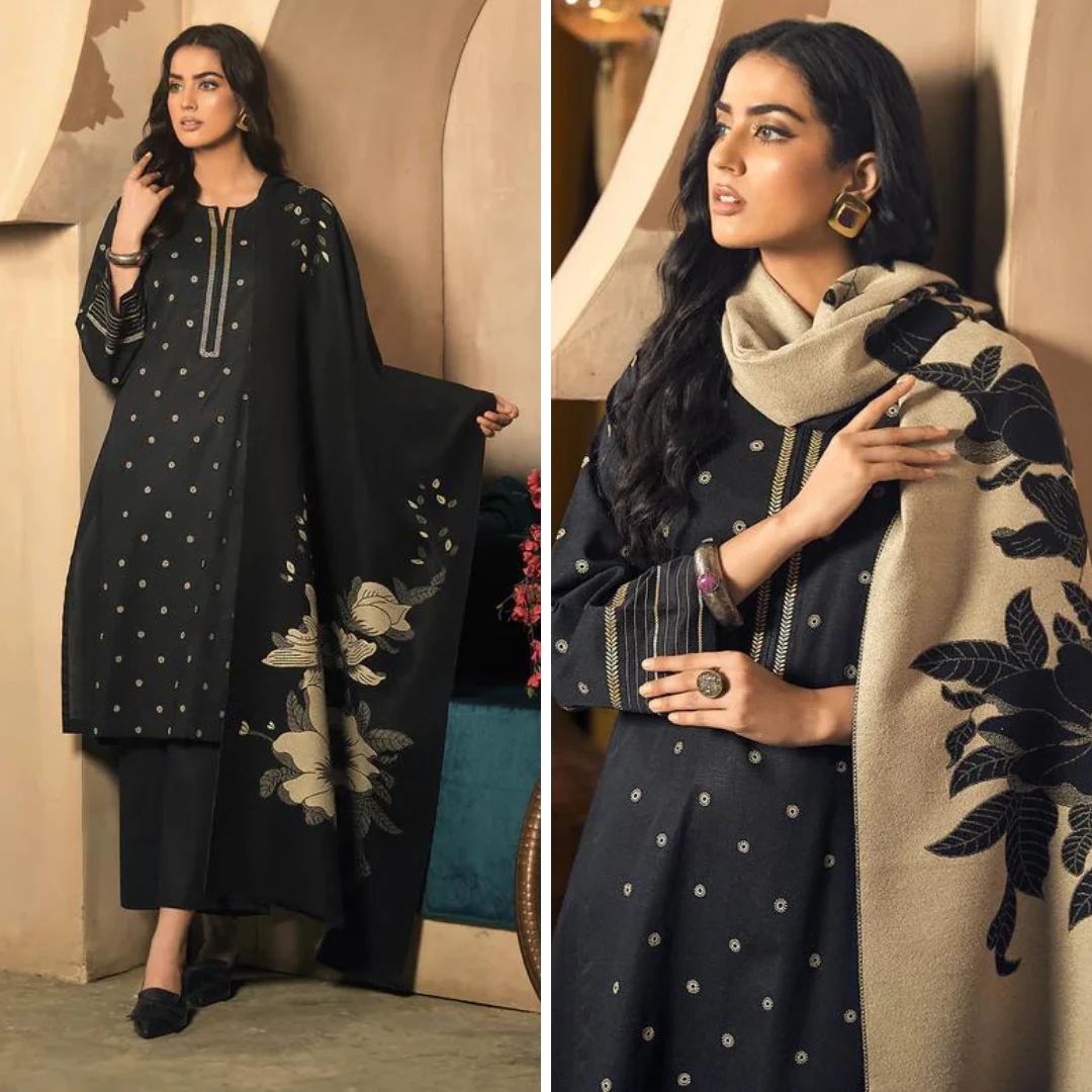 3- Piece Embroidered Dhanak Dress with Wool Shawl