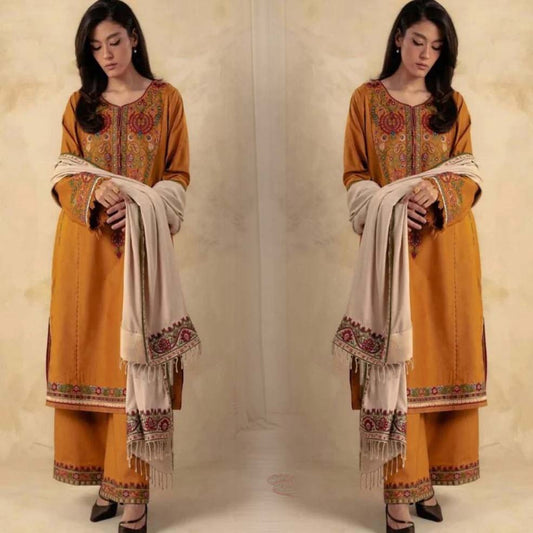 3- Piece Embroidered Dhanak Dress with Wool Shawl