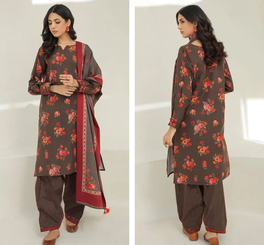 3- Piece Embroidered Khaddar Dress with Wool Shawl