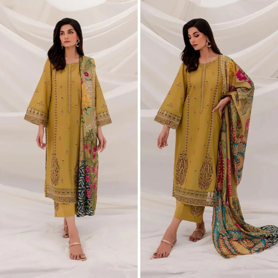 3- Piece Embroidered Dhanak Dress with Wool Shawl