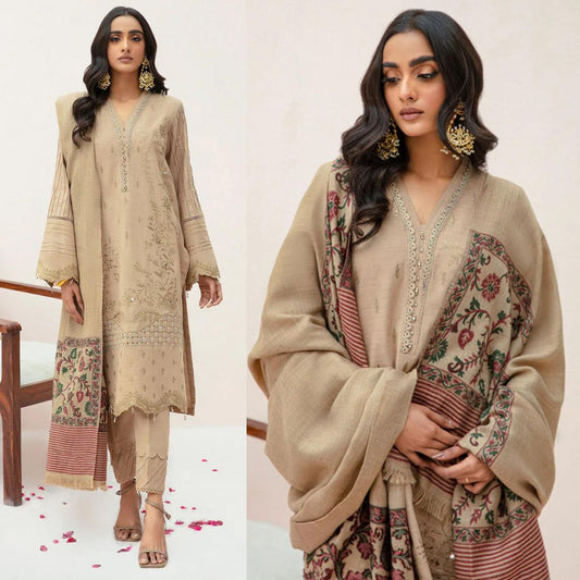 3- Piece Embroidered Dhanak Dress with Wool Shawl