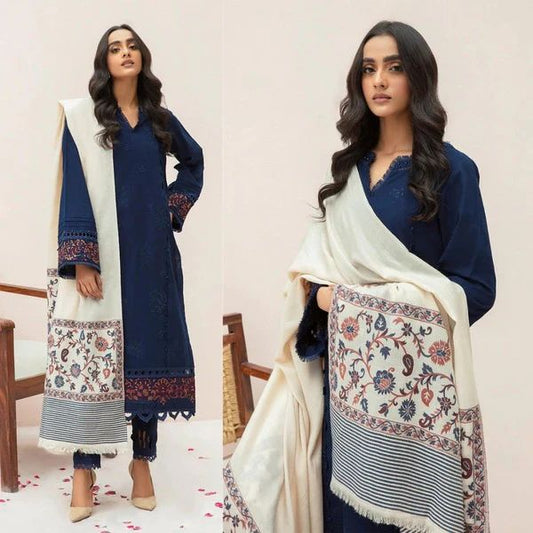 3- Piece Embroidered Dhanak Dress with Wool Shawl