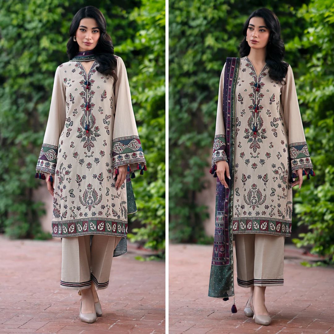 3- Piece Embroidered Dhanak Dress with Wool Shawl