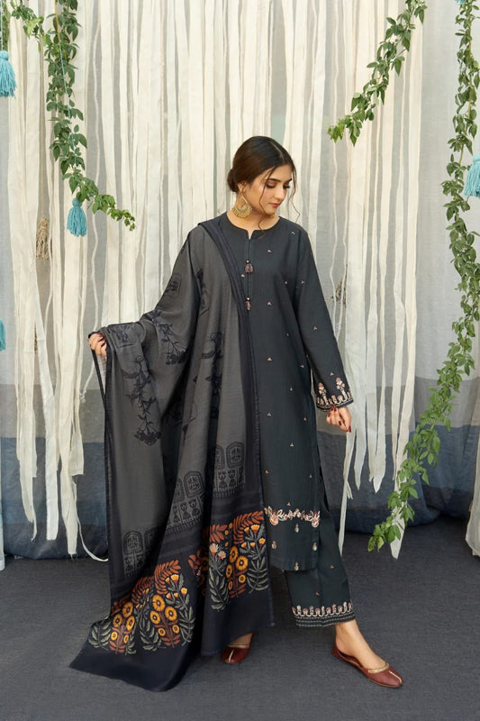 3- Piece Embroidered Dhanak Dress with Wool Shawl