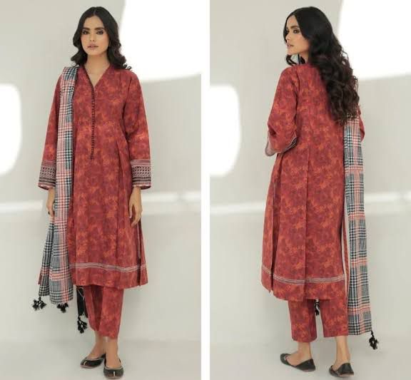 3- Piece Embroidered Khaddar Dress with Wool Shawl