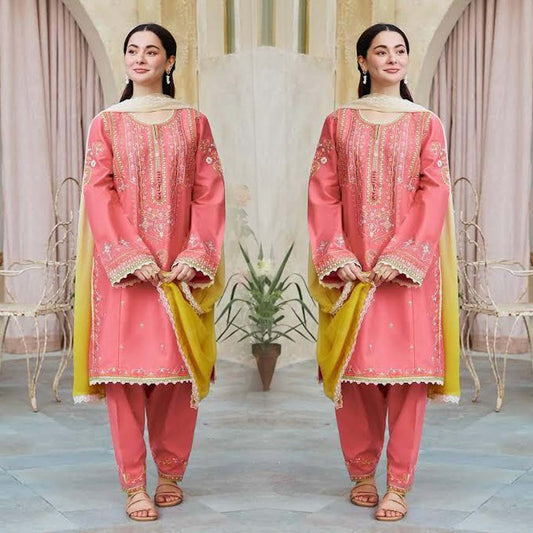 3- Piece Embroidered Dhanak Dress with Wool Shawl