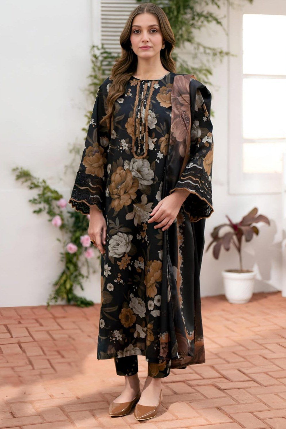 3 - Piece Lawn Embroidered Dress With Lawn Dupatta