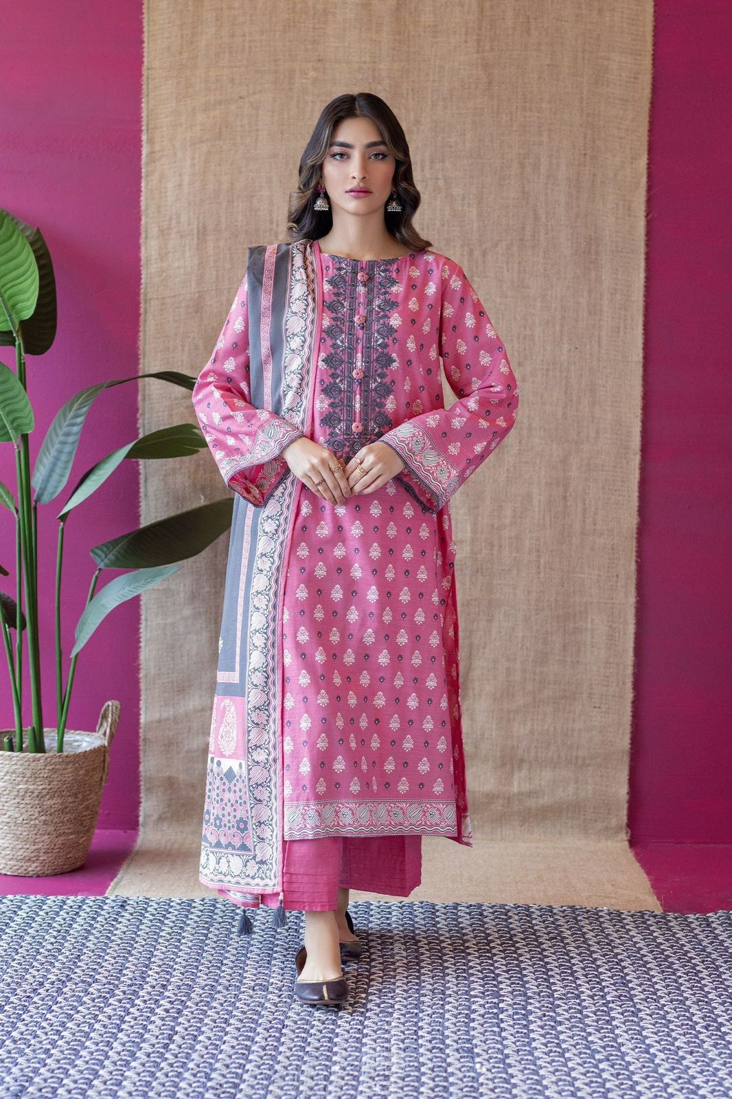 3- Piece Embroidered Khaddar Dress with Wool Shawl