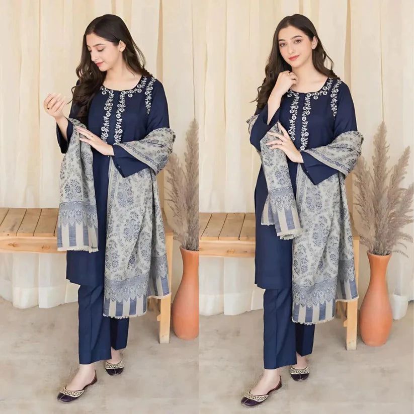 3- Piece Embroidered Dhanak Dress with Wool Shawl