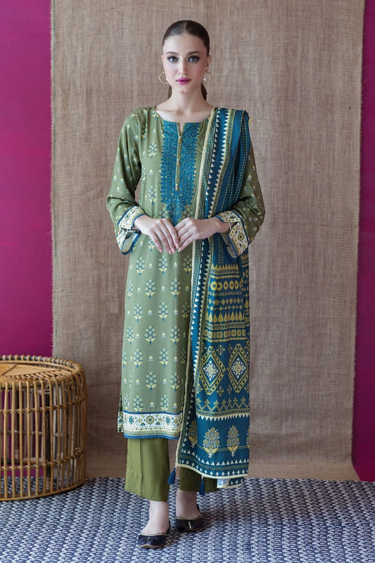 3- Piece Embroidered Khaddar Dress with Wool Shawl