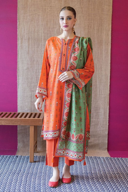 3- Piece Embroidered Khaddar Dress with Wool Shawl