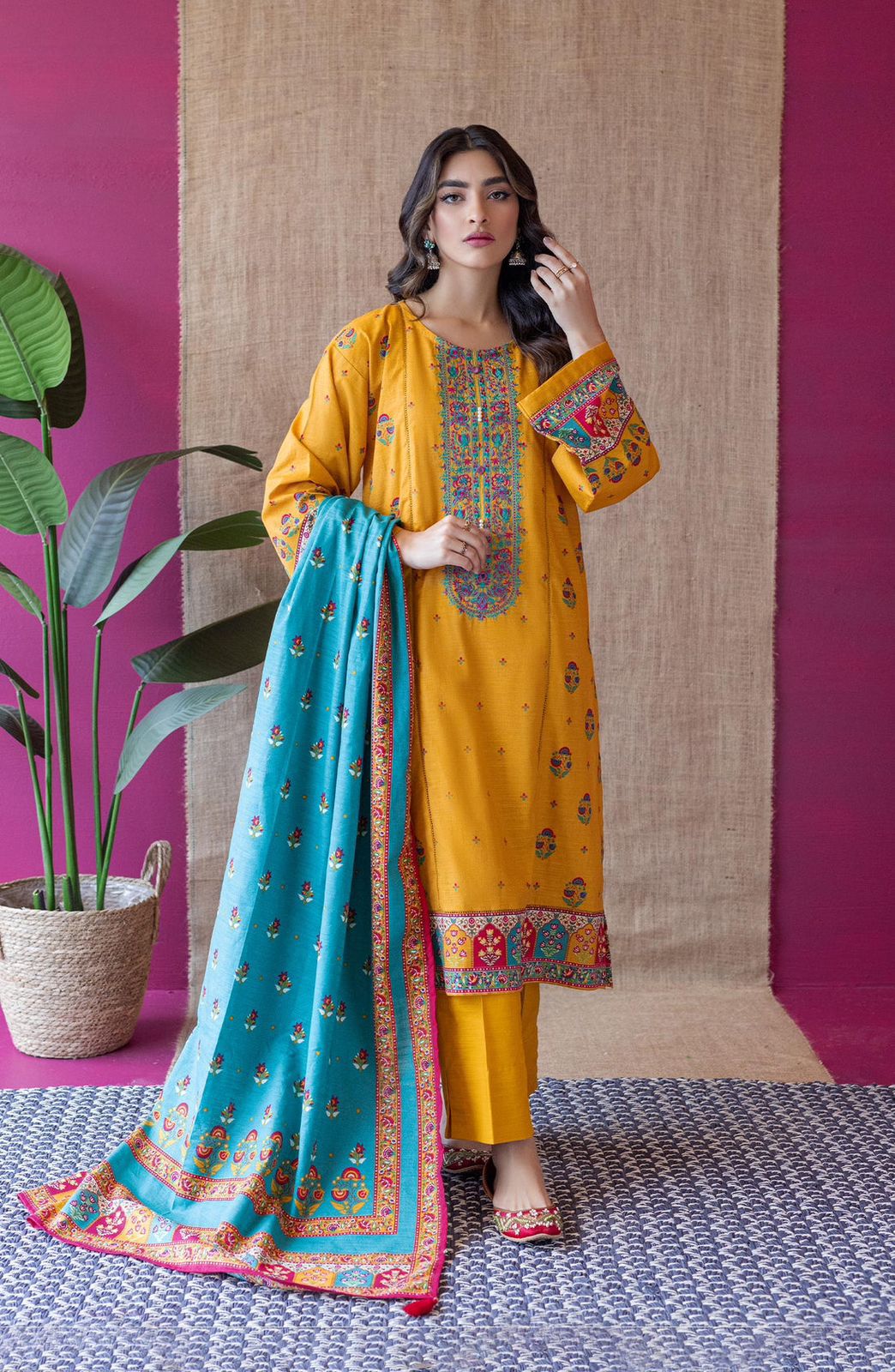 3- Piece Embroidered Khaddar Dress with Wool Shawl