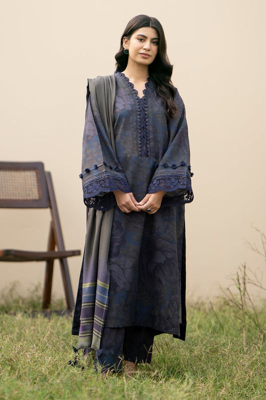 3- Piece Embroidered Khaddar Dress with Wool Shawl