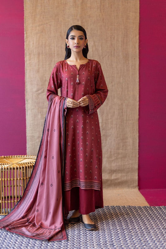 3- Piece Embroidered Khaddar Dress with Wool Shawl