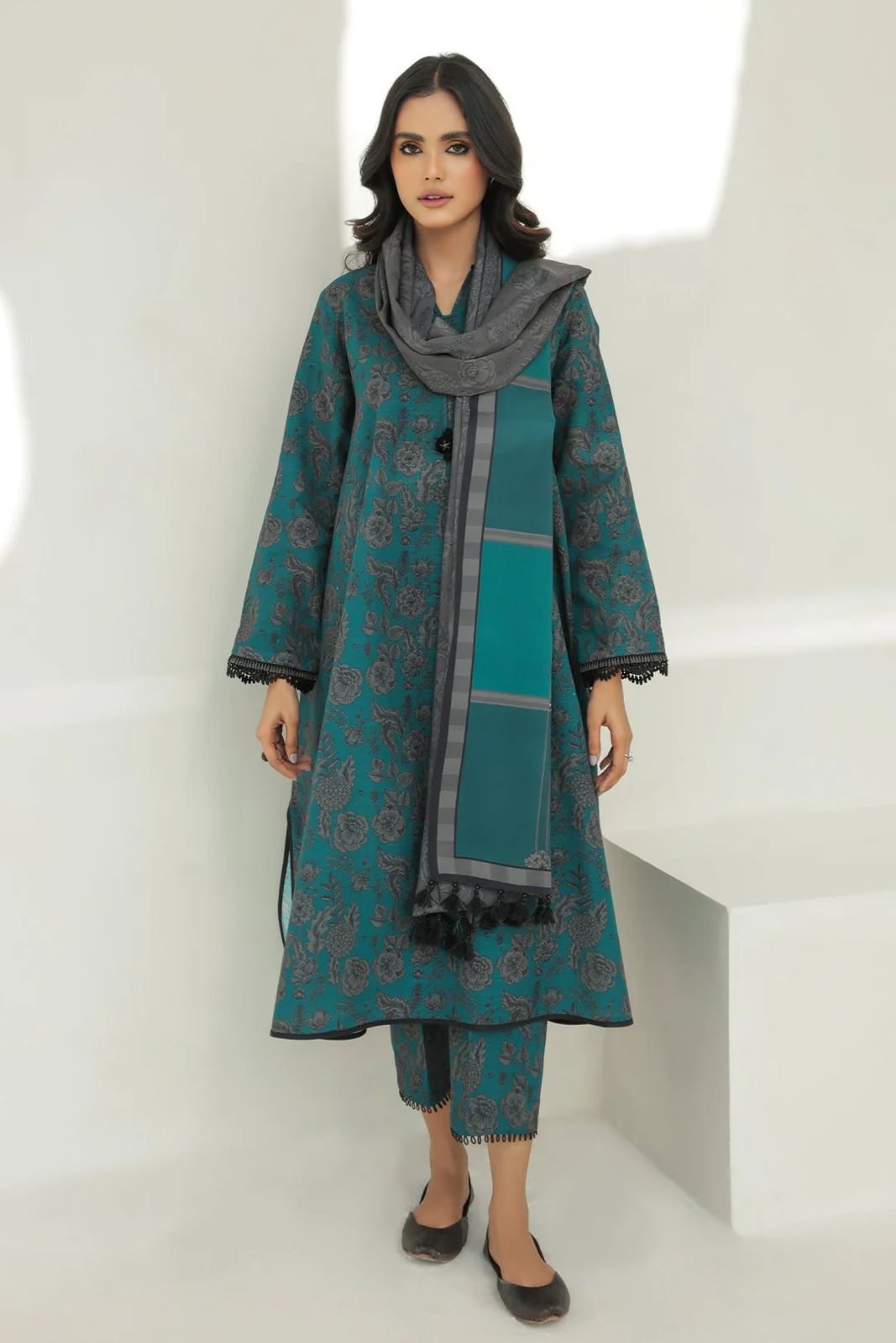 3- Piece Embroidered Khaddar Dress with Wool Shawl